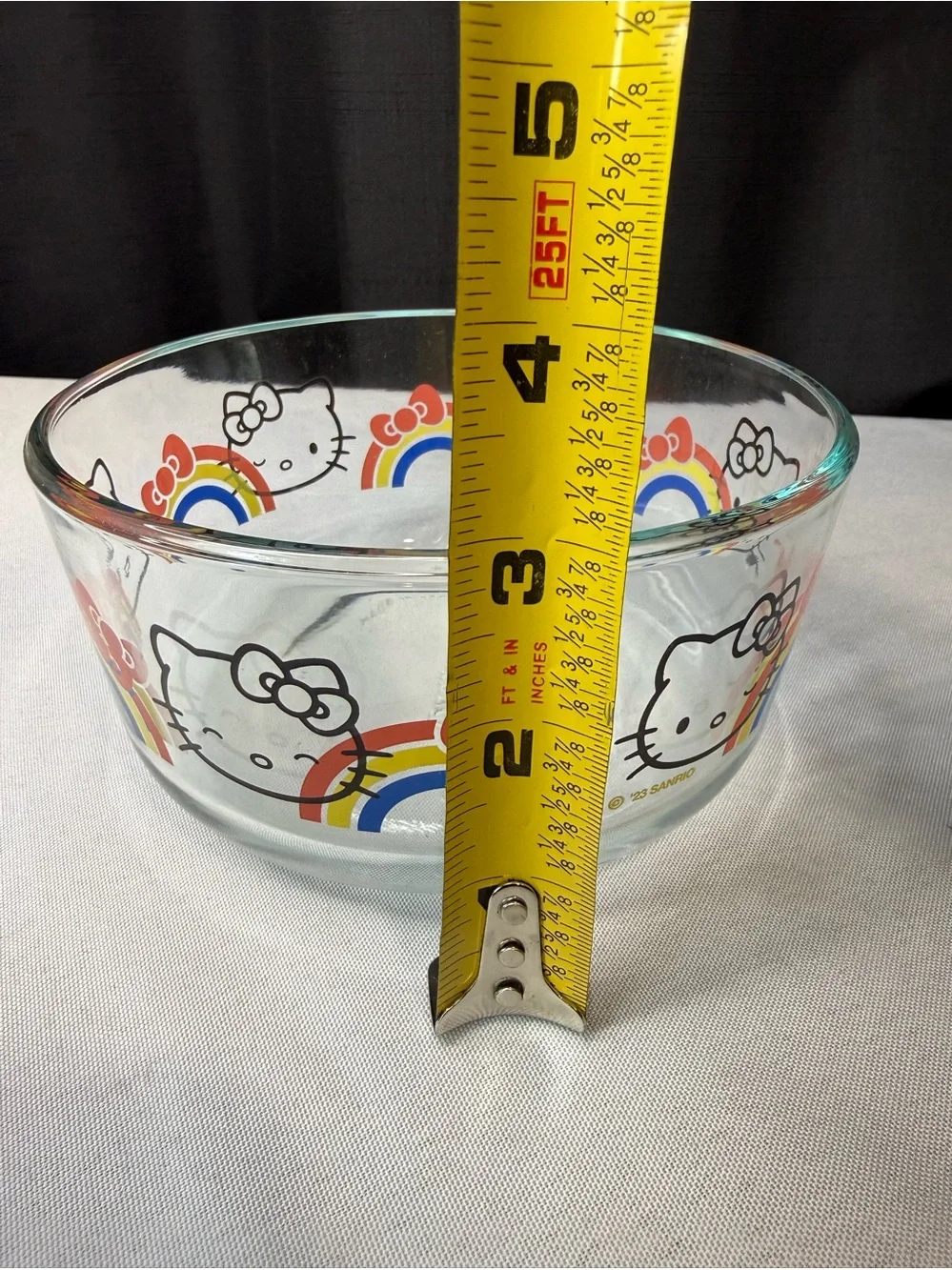 Hello Kitty  Glass Pyrex Bowl with Rainbow and Red Bow Accents 6” Diameter